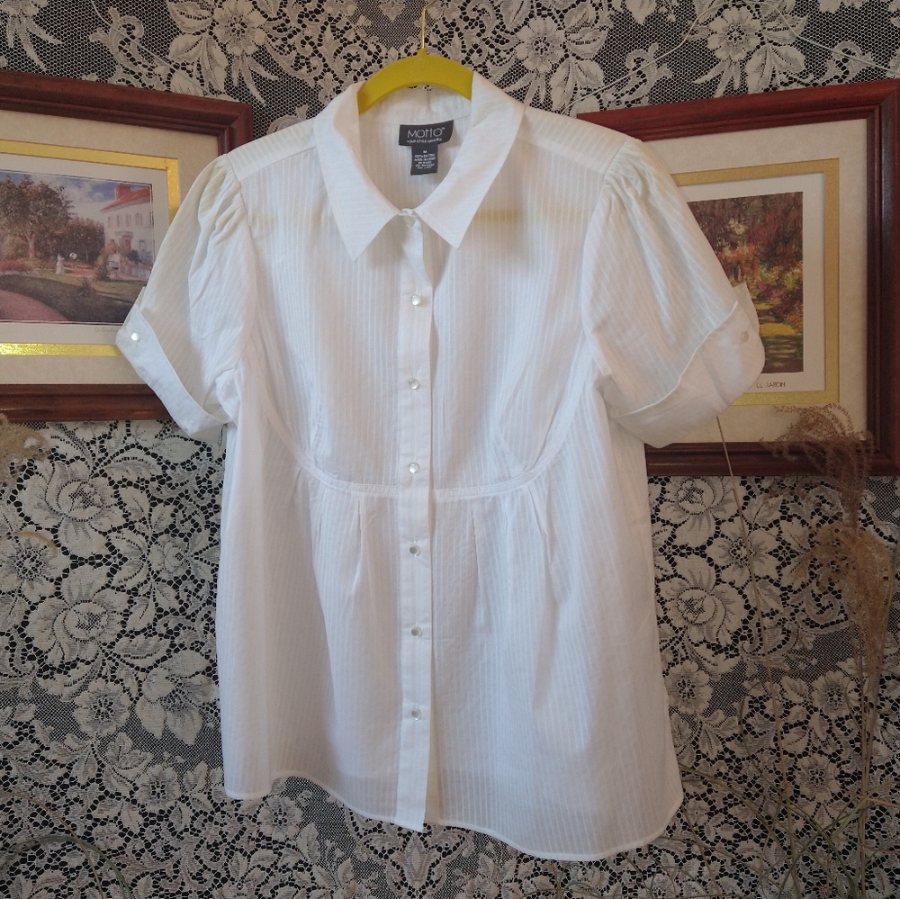 Motto white short sleeve striped tunic top button cuff lightweight 100% cotton